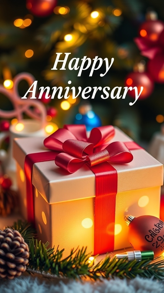 A wrapped Christmas gift box with a bow, set against a backdrop of holiday decorations.